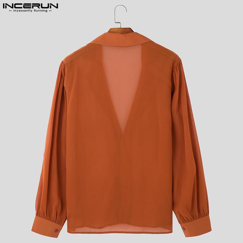 INCERUN Мужские рубашки с длинным рукавом и лацканами на пуговицах из сетки