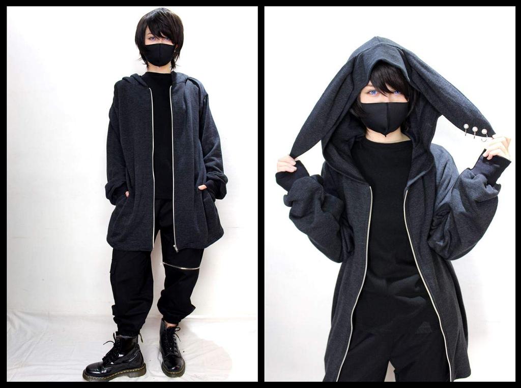 Худи ROSEATE с кроличьими ушками и пирсингом, мягкое, длинное, сделано в и кроличьи ушки, худи на молнии, легкое, длина, Япония, мужское, женское, (черный)