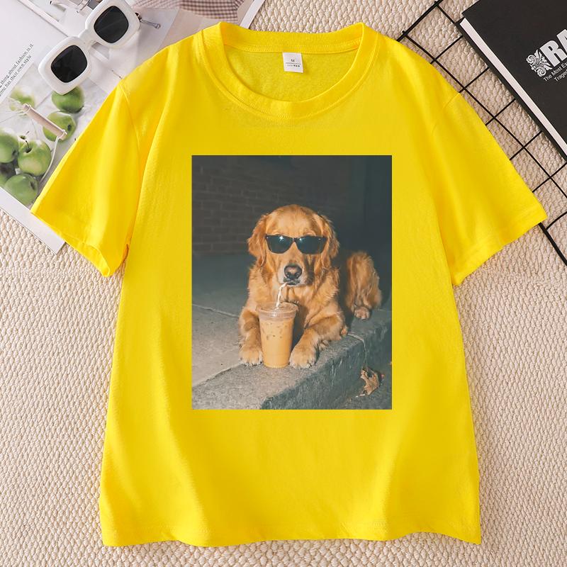 Golden Retriever Drinking Iced Coffee Tshirt Doaphic Tee Funny Dog Mom Trendy Pet T Shirt Unisex Clothes