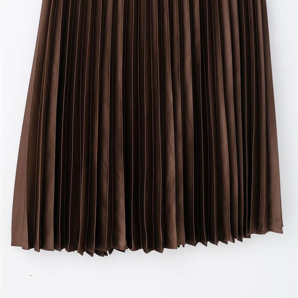 Весна 2025 Женская приталенная миди-юбка из шелкового сатина с плиссировкой и высокой посадкой