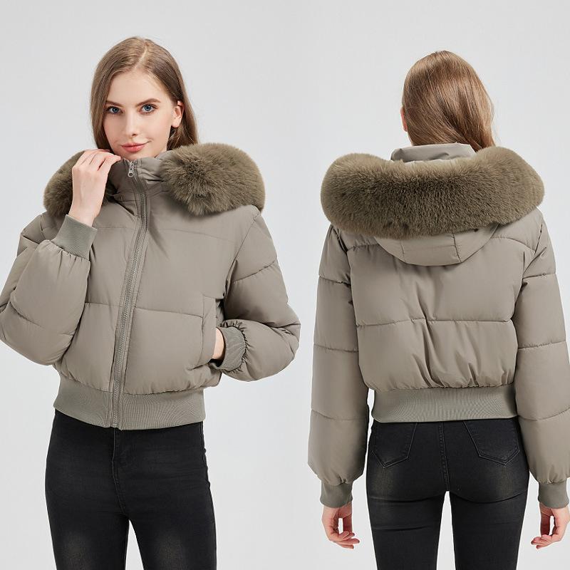 Women Hooded Faux Fur Trim Puffer Jacket Solid Color Long Sleeve Winter Coat