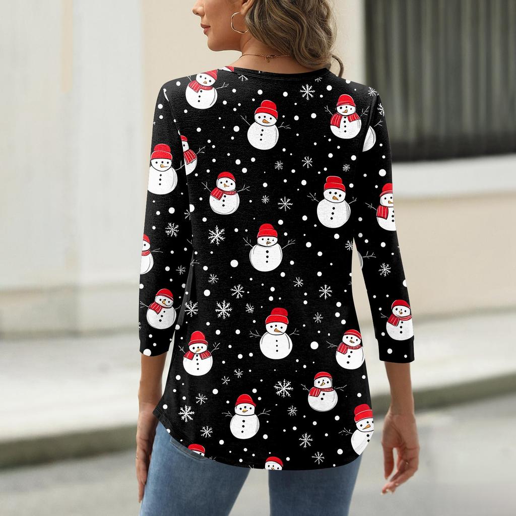 Женская футболка с рождественским принтом, на пуговицах, рукав 3/4, повседневная, выходного дня, модная, базовая, с V-образным вырезом, стандартный топ