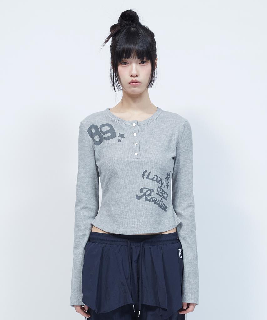 LMR Lettering Graphic Waffle Henley Neck Long Sleeve T-Shirt Grey