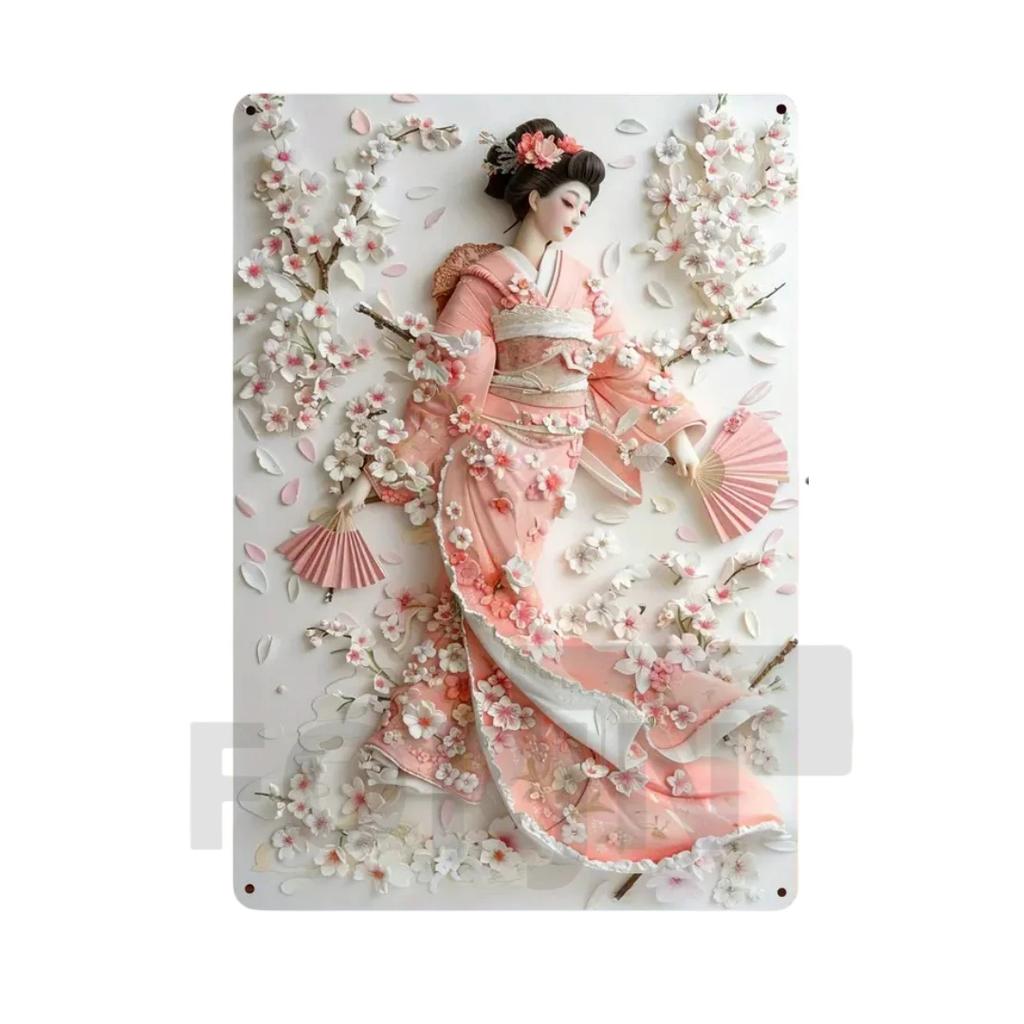 Японская гейша кимоно металлический знак, 2D элегантный японский постер с цветущей вишней, для дома, комнаты, офиса, идзакая, кафе, студии настенный декор