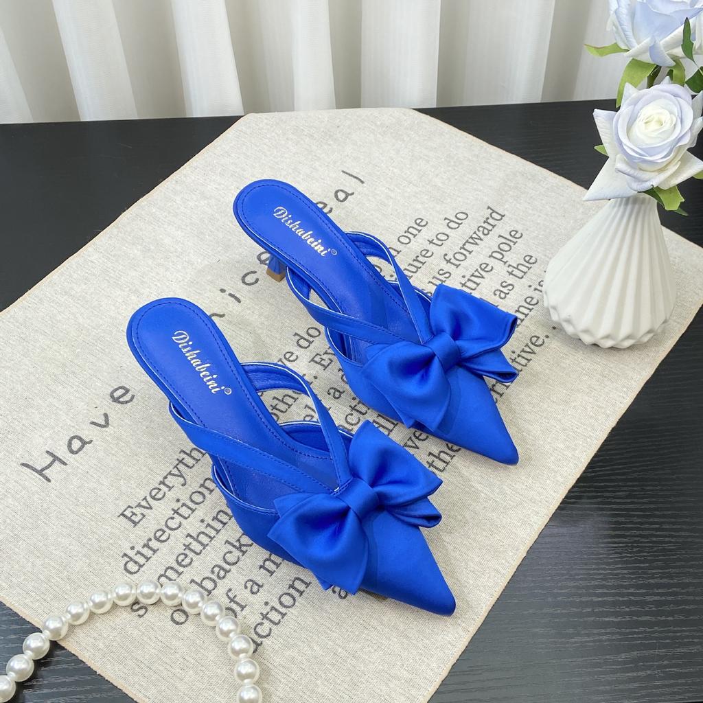 Fairy Wind Pink Sandals Spring and Summer 2024 French Pointed Bow Hollow High Heel Half Bag Head Slippers