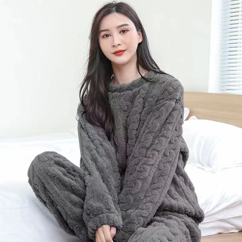 Women Warm Two Piece Sets Thicken Velvet Ribbed Fleece Set Pullover Pants Casual Pajama Sets Women Autumn Winter