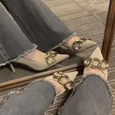 Мода Телесный Высокий каблук Женская Новое чувство дизайна Маленький Французский Тонкий каблук Острый Носок Принцесса Не устает нога Одиночная обувь Женская