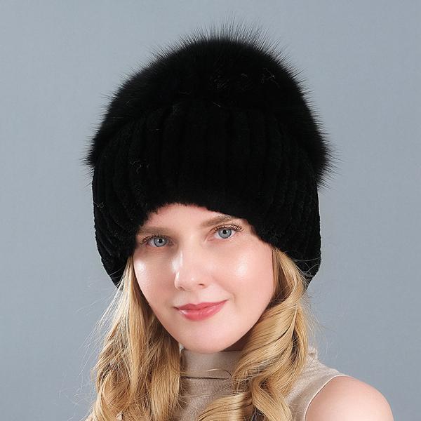 New Style Women Real Genuine Fox Fur Beanies Hat Girls Natural Real Rex Rabbit Fur Skullies Cap Knit Winter Real Fur Hats