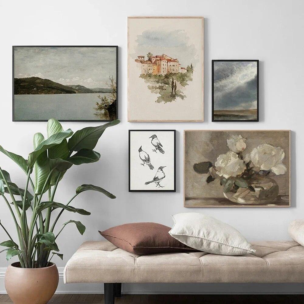 Vintage Gallery Wall Print Lake Cloud Landscape Flower Canvas Paintings Nordic Posters and Prints Living Room Home Decoration