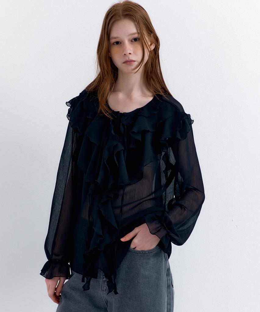 RAVEROUS See-Through Frill Blouse Black