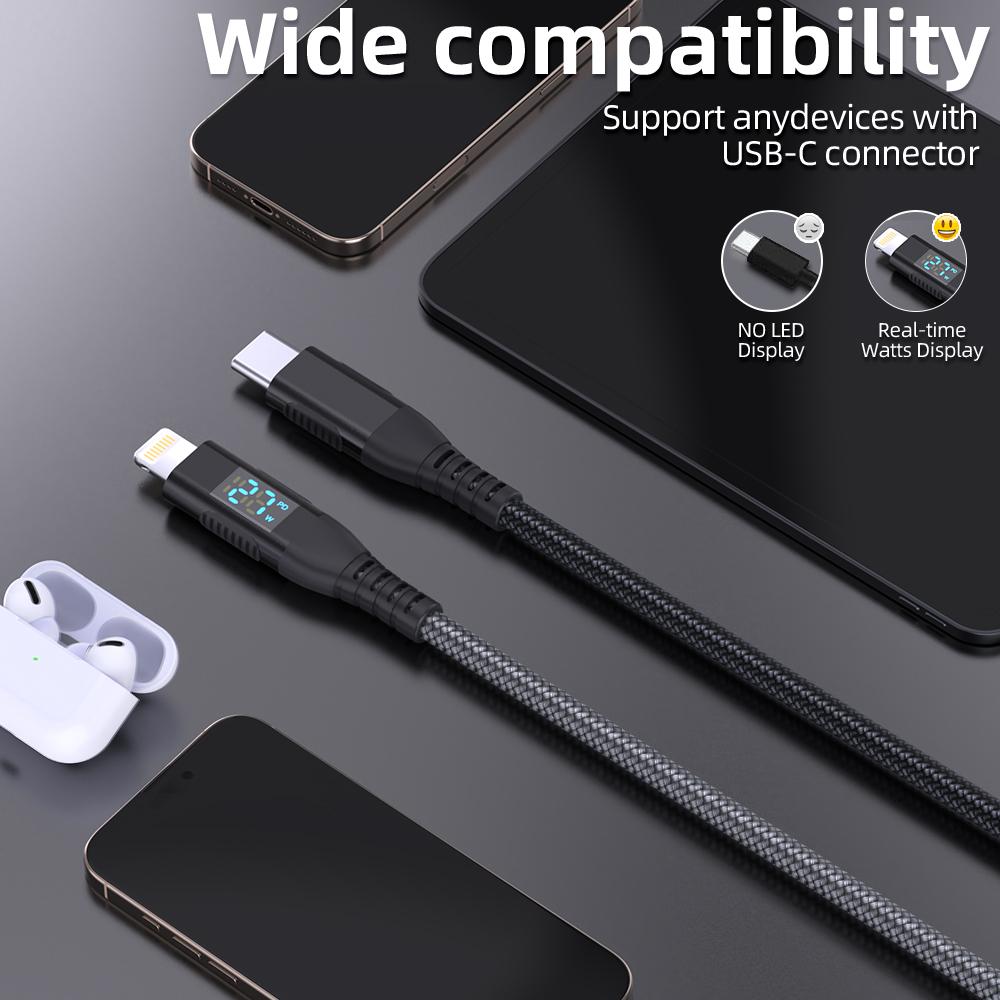 1m USB C to Lightning Cable Digital Display PD 27W Fast Charging Nylon Braided Cord