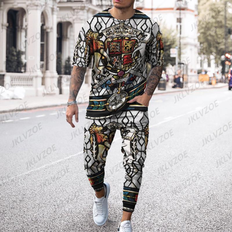 New Boutique Leopard Print Men’s Trousers Tracksuit 2 Piece Set Streetwear Short Sleeve T Shirt+Long Pants Clothes Male Clothing