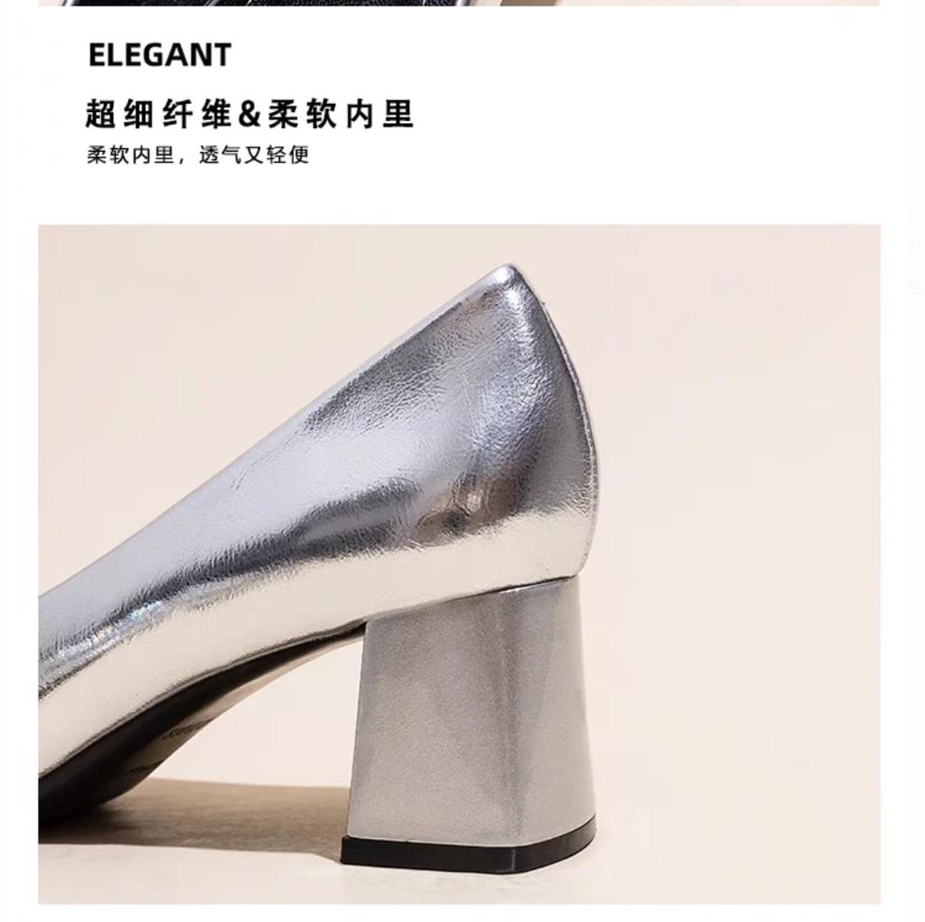 Французский темперамент серебристые туфли на высоком каблуке женские из мягкой кожи 2024 весна и осень новые толстый каблук квадратный носок хрустальные одинарные туфли