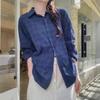 2025 Japanese Style Women's Plaid Shirt: Dark Blue, Pure Cotton, Casual Long-Sleeve for Spring & Autumn