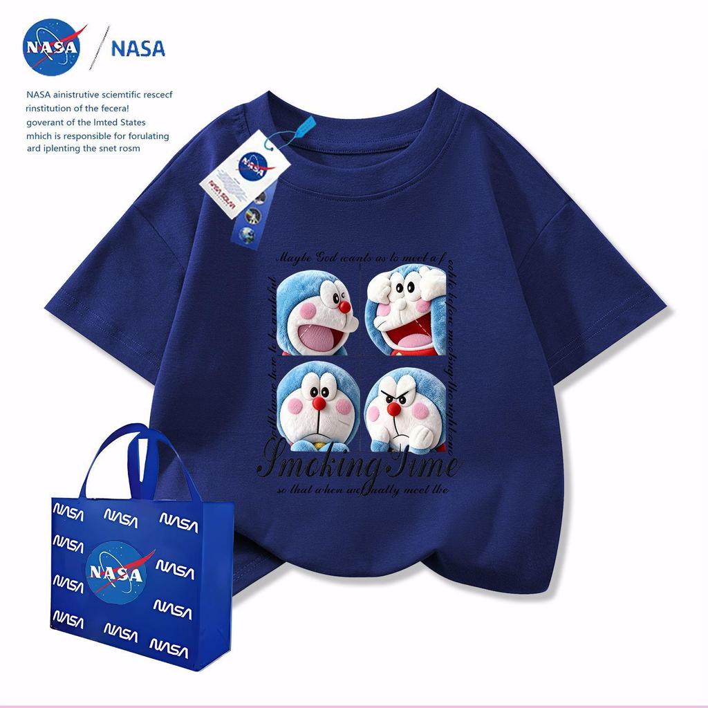 NASA x Doraemon Kids Cotton Round Neck T-Shirt with Embroidery Print, Short Sleeve