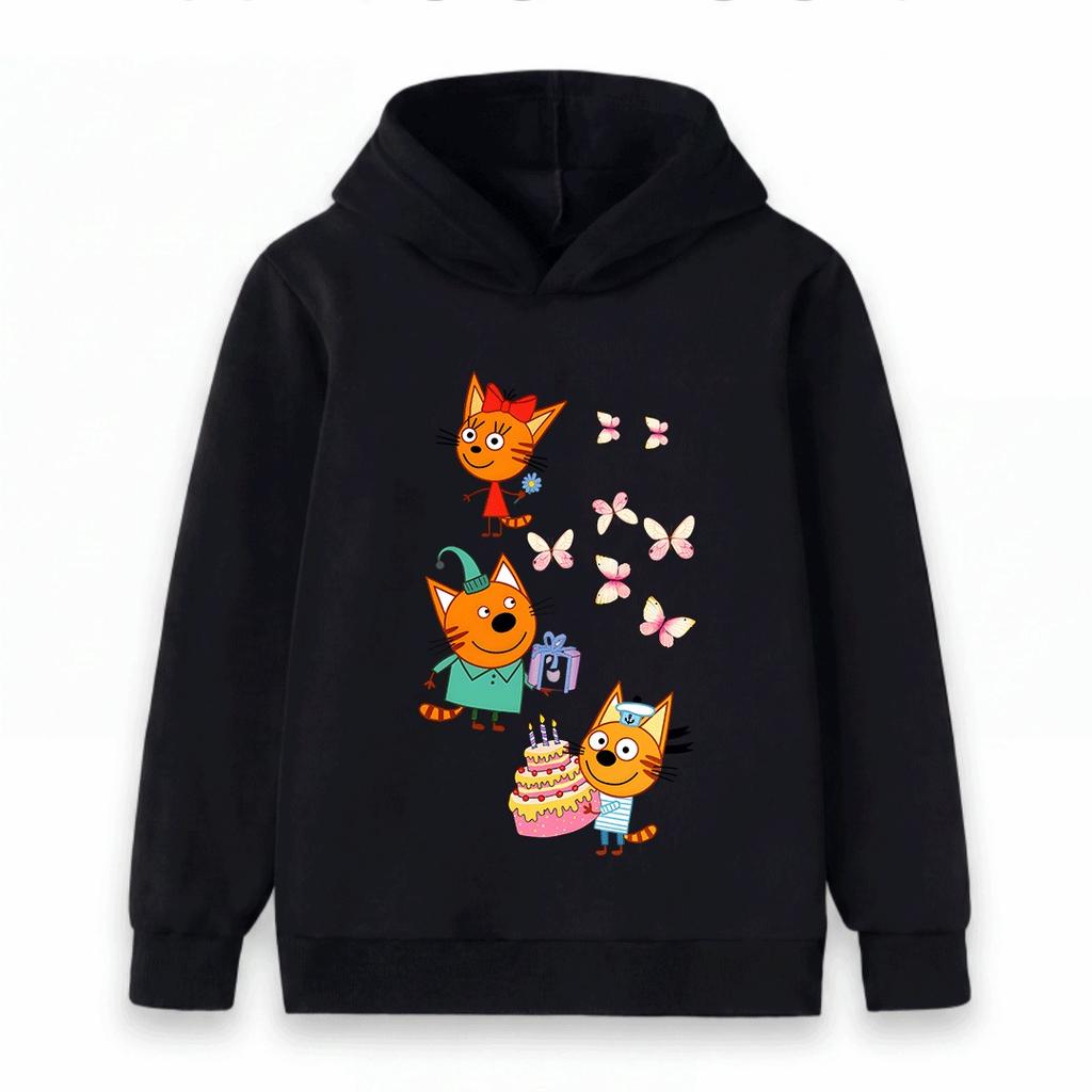 Kids Boys Girls Hoodie Cartoon Orange Cats Butterflies Print Pullover Hooded Sweatshirt Casual Birthday Party Streetwear Soft Warm Children