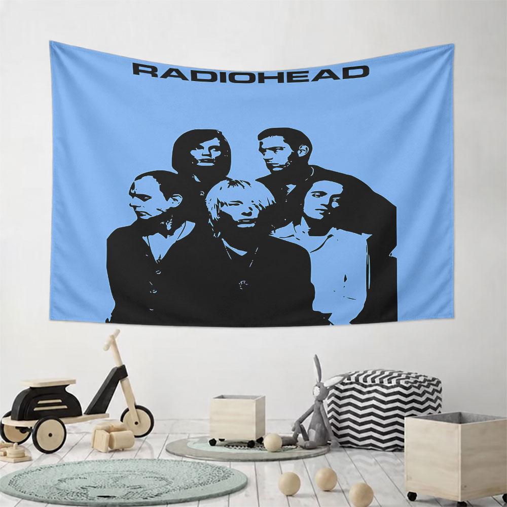 Silhouetted group of five people on a blue background with bold text. Patterned tapestry for bedroom and living room home decor