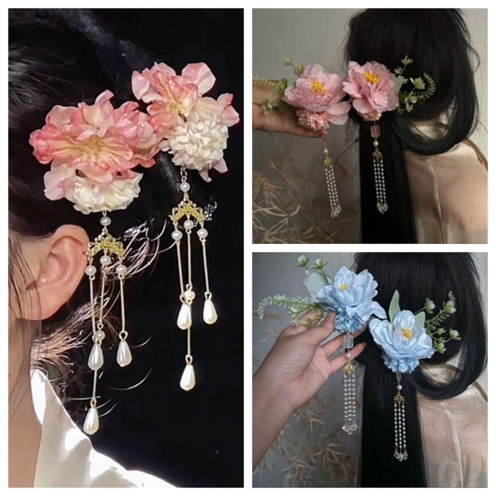 2PCS Handmade Flower Hairpin Pearls Hanfu Hairpin Exquisite Floral Hair Clip Hair Accessories
