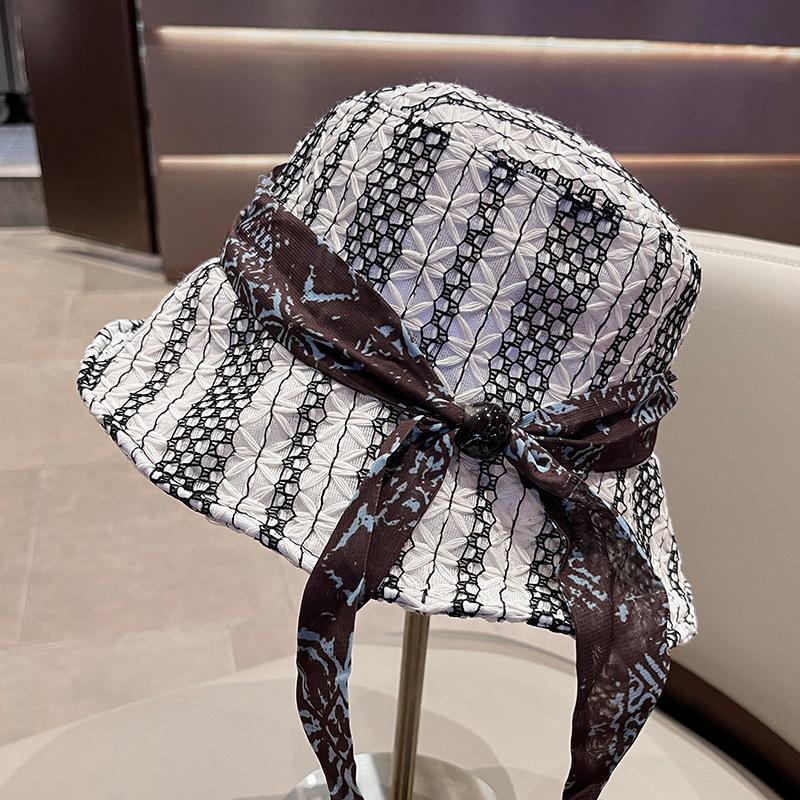 French bow retro bucket hat women's summer new sunshade sunscreen hat showing face versatile hollow breathable basin hat