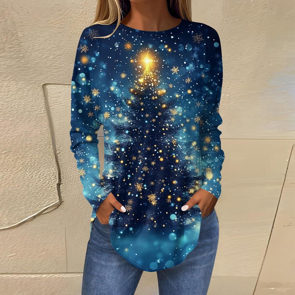 Ladies' Loose Round Neck Retro Pattern Printed Long Sleeved T-shirt Top Pullover For Christmas