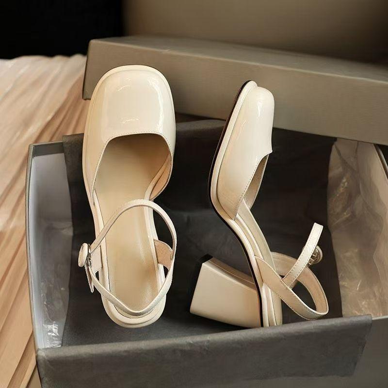 One-word High Heels Square Head Single Shoes Women's Shoes 2025 Spring and Summer New Thick Heel Mary Jane Bag Head Sandals Women