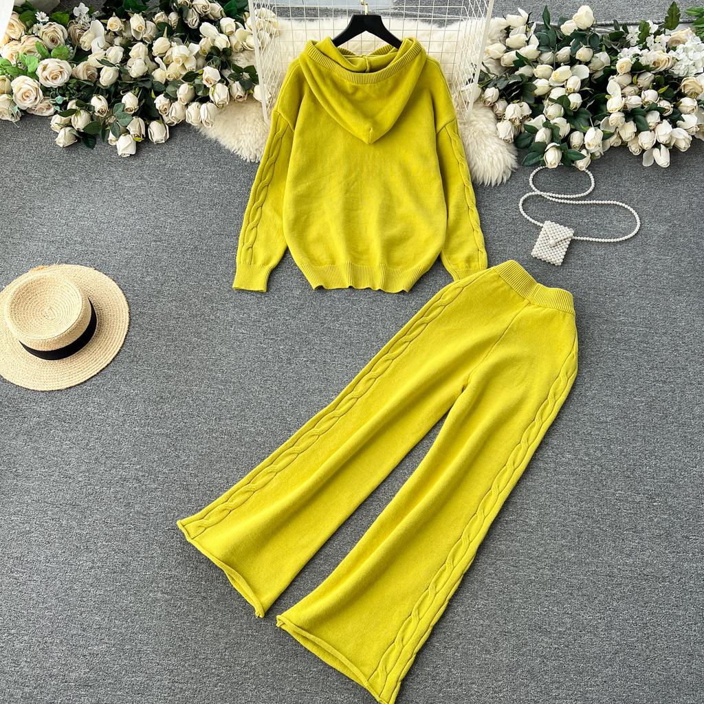 Осенне-зимний женский вязаный свитер, спортивный костюм, модный пуловер с капюшоном, топы и широкие брюки, комплект из двух предметов