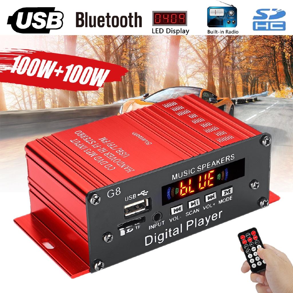 2-канальный 100 Вт + 100 Вт постоянного тока 12 В HIFI Аудиоусилитель Bluetooth Стерео FM-радио USB Пульт дистанционного управления Красный Автомобильный аудиоусилитель