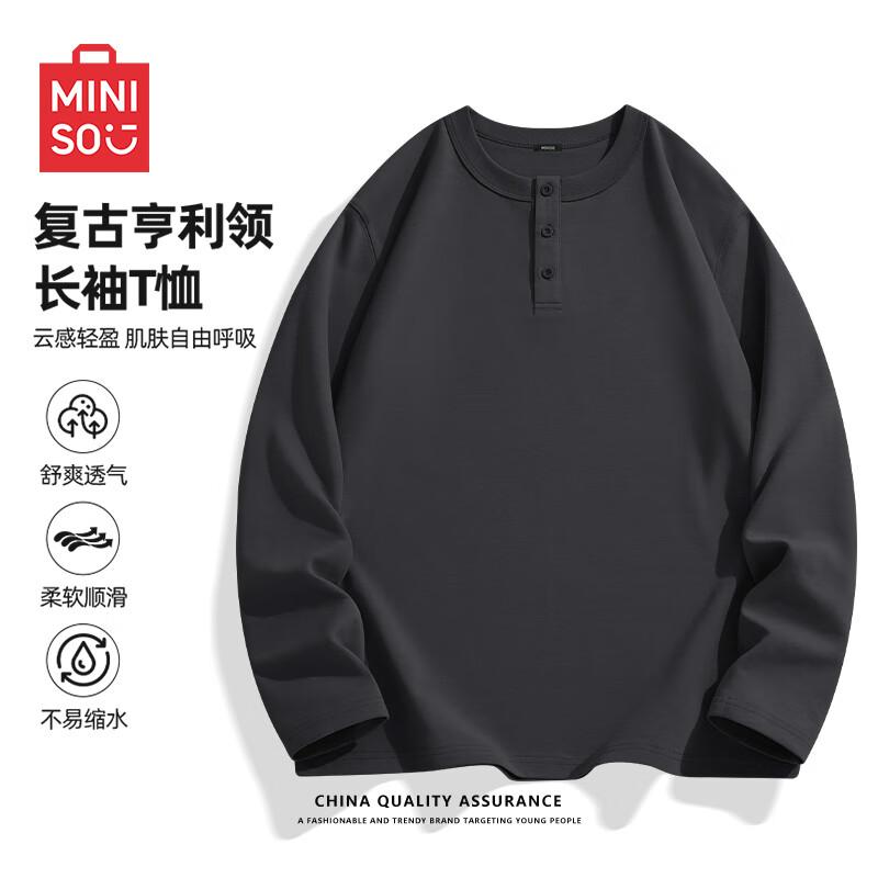 MINISO Мужская футболка в американском ретро стиле Хенли с длинным рукавом