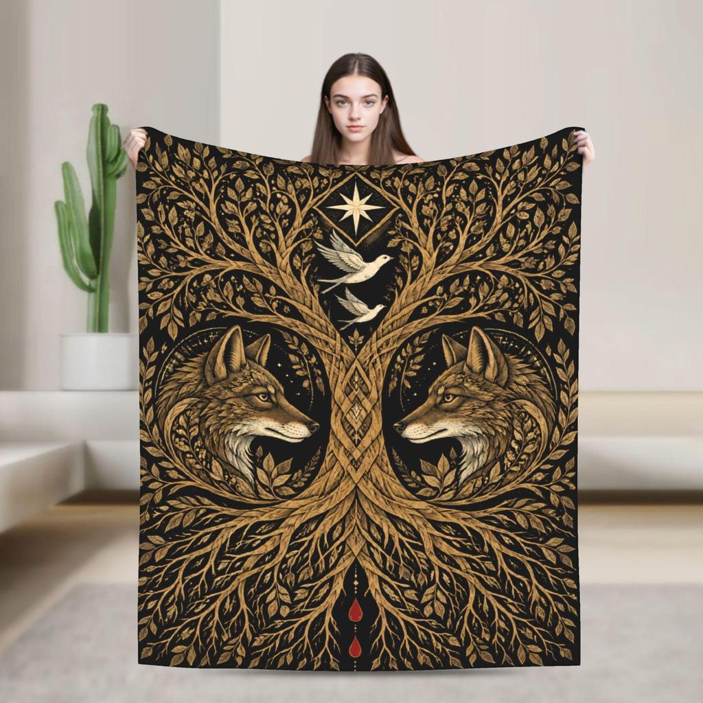 Tree of Life Blanket Wolf Tapestry 300gsm Flannel Dark Academia Throw
