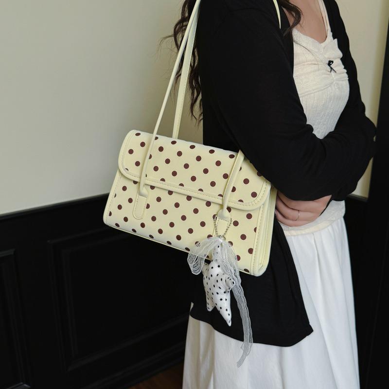 Sweet-style flap shoulder bag, Y2K-inspired polka dot baguette bag, underarm bag with lace star charm, preppy everyday shoulder bag.