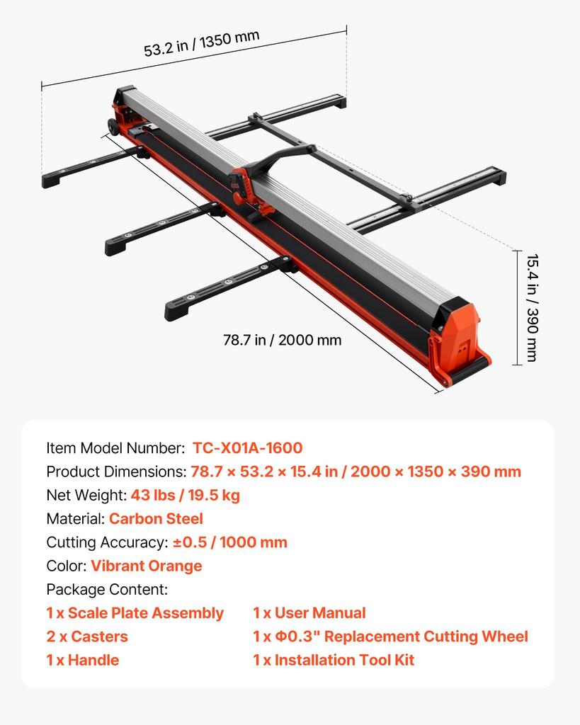 VEVOR 1600 mm Manual Tile Cutter, Upgraded Rail and Sliding Head, Precision Alignment Guide, Tungsten Carbide Cutting Wheel