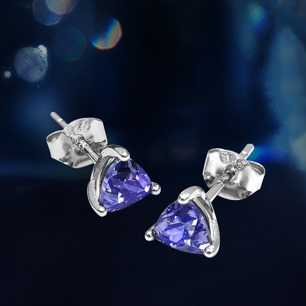 Серьги-гвоздики с танзанитом, женские серебряные треугольные серьги