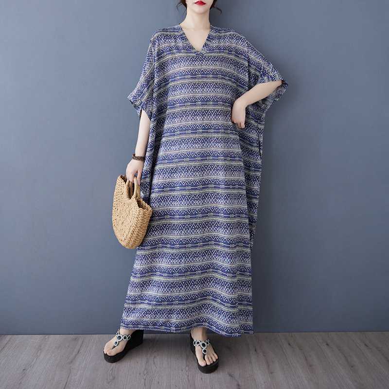 Летний цвет Отпускной стиль Туризм V-образный вырез Ретро Длинная юбка Хлопково-льняное платье