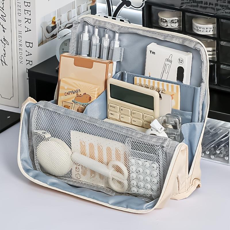 Large-capacity Upright Pen Case, Multi-compartment Design with Mesh Pocket, Cosmetic Storage Bag