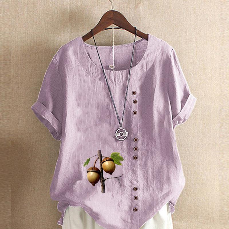 Женская новая модная льняная рубашка с круглым вырезом и коротким рукавом с принтом лесного ореха, летняя женская повседневная блузка больших размеров, топы