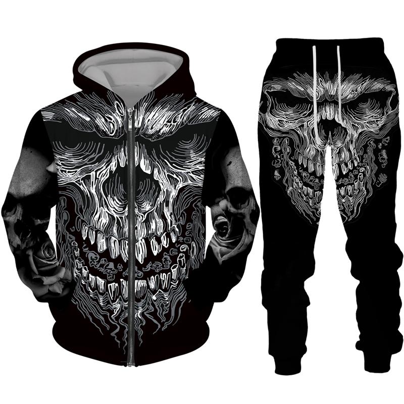 Cool Skull 3D Printed Black Zipper Hoodie Pants Suit Gothic Punk Style Men Women Tracksuit Set 2023 Halloween Streetwear Costume