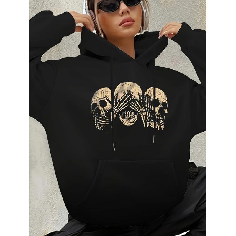 Women Black Vintage Three Skulls Skeleton Hands Print Long Sleeve Hoodie, Loose Drawstring Pocket Goth Casual Pullover Top