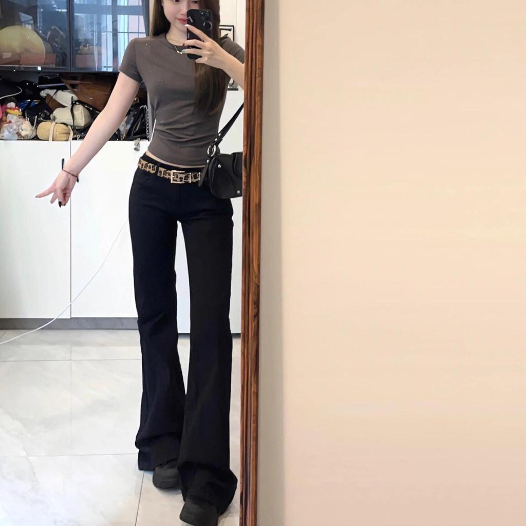 High Elastic Low Waist Black Flare Jeans for Women - Retro Slimming Long Pants
