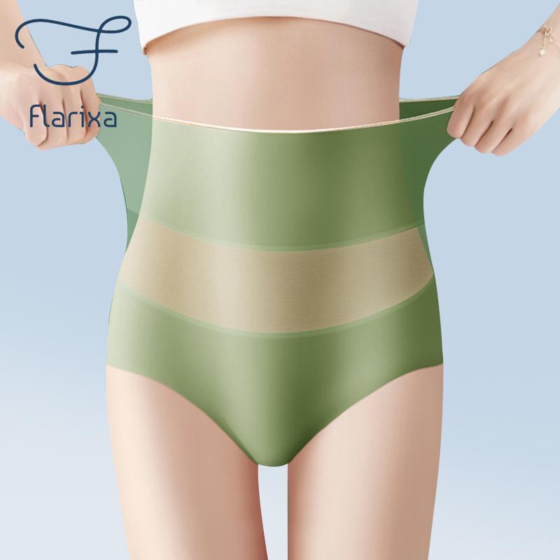 Flarixa Women High Waist Seamless Panties Breathable Ice Silk Underwear Elastic Tummy Shaping Briefs Lace Transparent Underpants