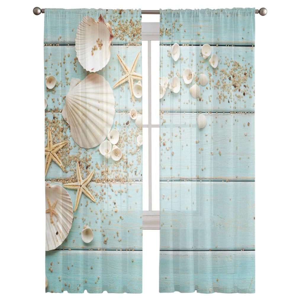 Wooden Board Shells Starfish Curtain Window Tulle For Living Room Bedroom The Kitchen Window Treatment Decorations Curtains