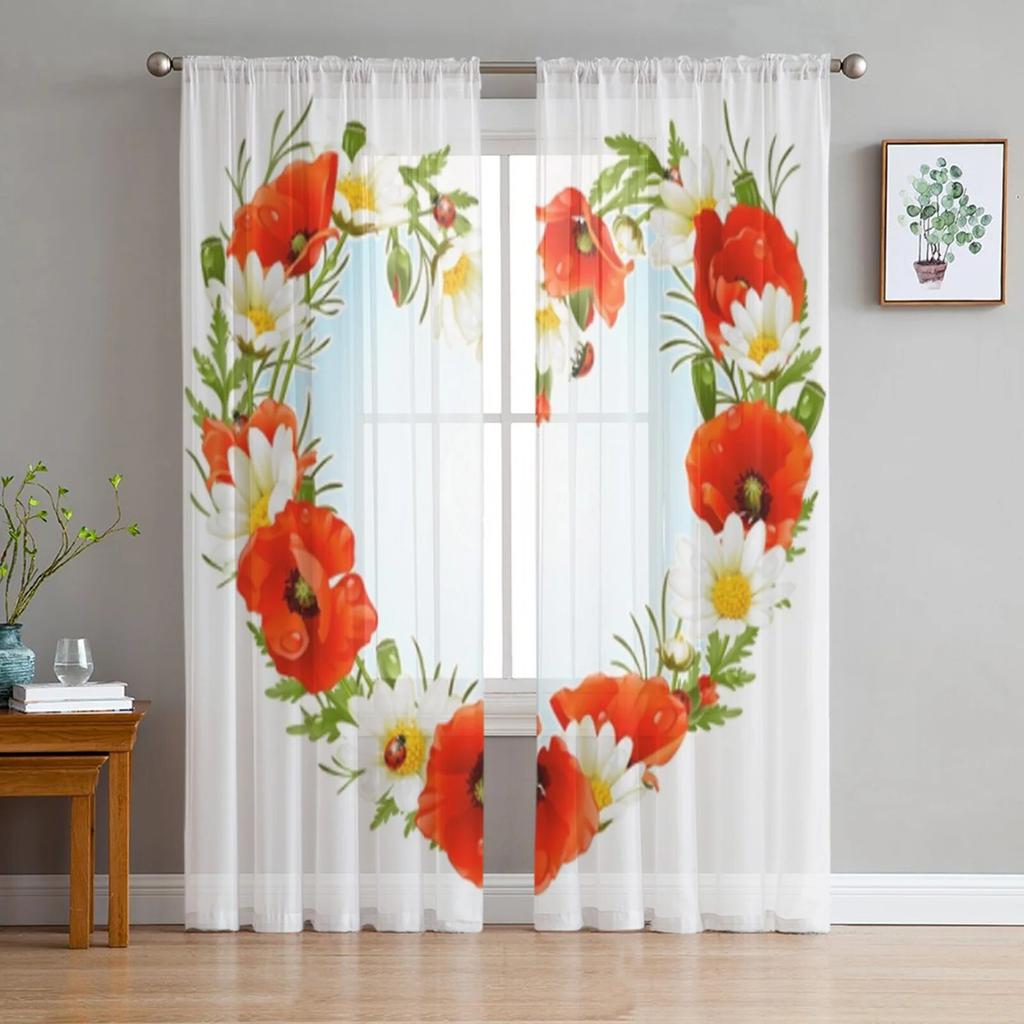 Poppies White Background Tulle Curtain For Living Room Sheer Valance Curtain For Kitchen Bedroom Window Drapes