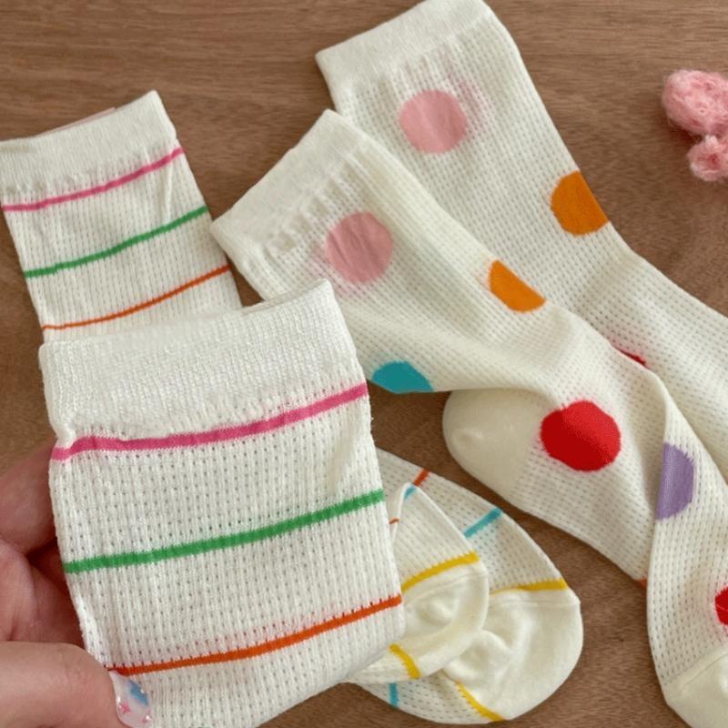 Носки для девочек в разноцветную полоску в горошек, детские носки до середины голени, модные, из чистого хлопка, летние, тонкие, сетчатые, дышащие, длинные, весна-лето