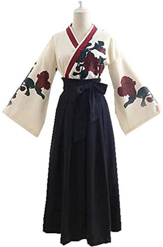 Taisho Roman Hakama Японская одежда Кимоно Косплей Костюм Длинный Маскировка Юката Роза Узор Розы [Lady Lazy] Женщины Женщины (Черный, Л)