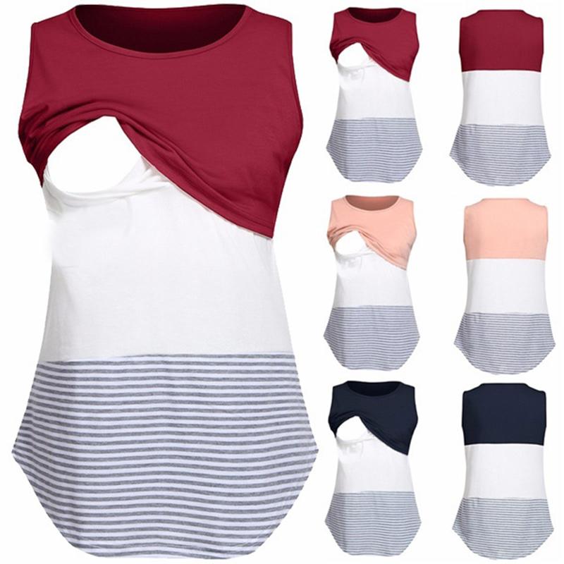 Женская удобная рубашка для беременных и кормящих мам в полоску без рукавов с круглым вырезом, рубашка для беременных