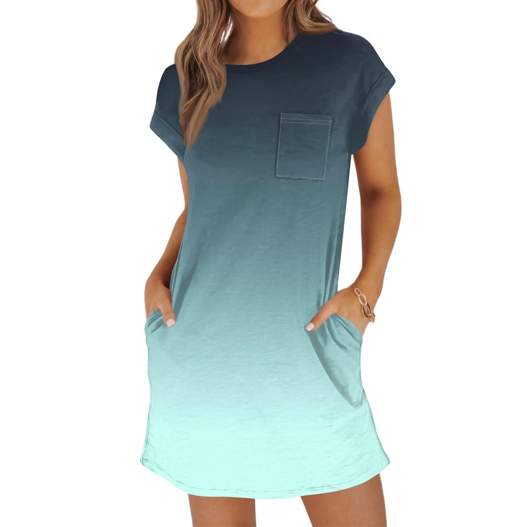 Женское модное повседневное летнее платье с градиентным принтом, коротким рукавом, круглым вырезом и карманами