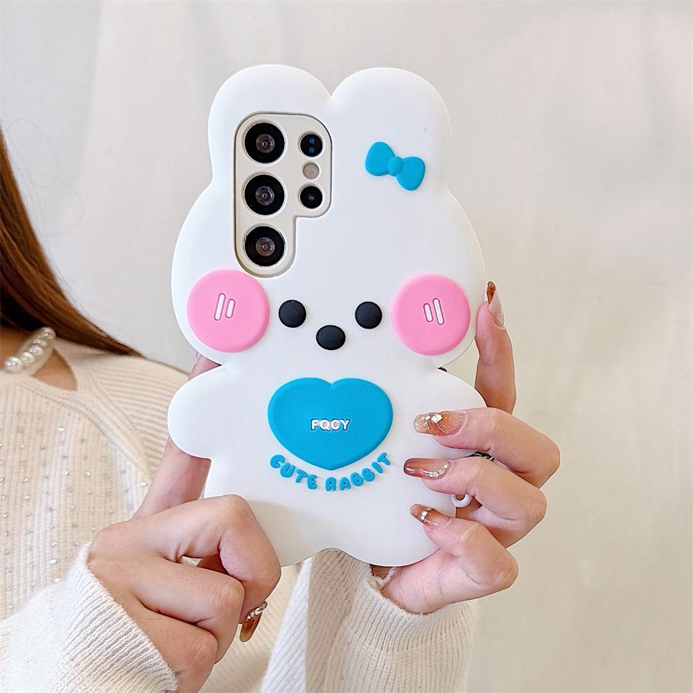 Милый Kawaii 3D Розово-белый Бантик Кролик Чехол для Телефона для SamSung Galaxy S26 Ultra S25 S23 A57 A56 Силиконовый Милый Кролик Защитная Крышка