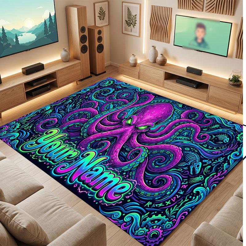 Octopus Sea Life Theme Crystal Velvet Floor Rug Personalized Custom Name Text Warm Carpet Home Decoration