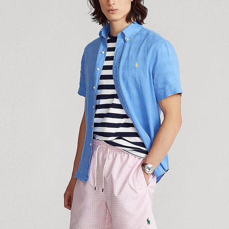 Polo Ralph Lauren классическая однотонная удобная льняная рубашка с коротким рукавом мужские рубашки синего цвета MNPOWOV1N820290-430