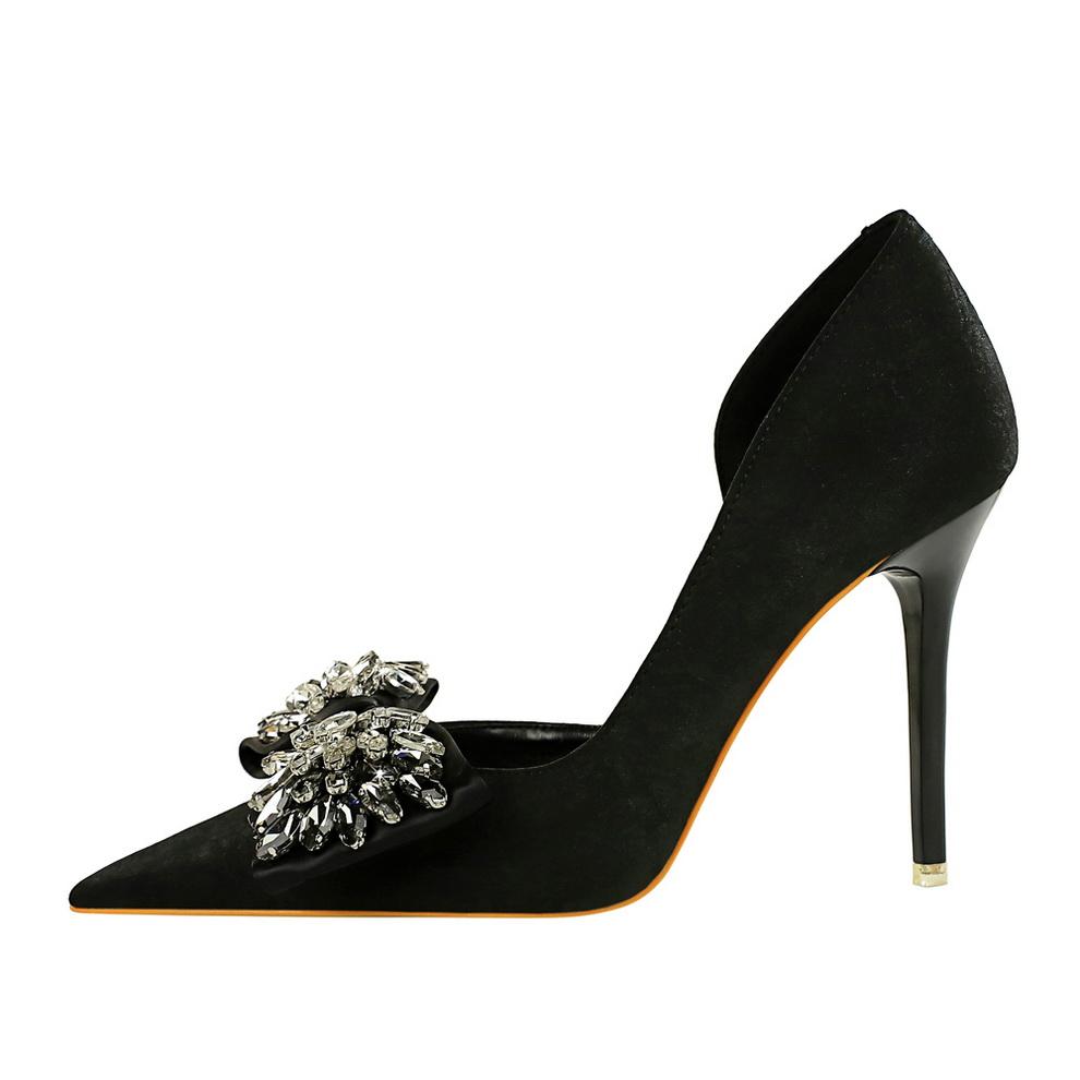 BIGTREE European and American High-heeled Stiletto Shallow Mouth Pointed Side Hollow-out Cloth Super High Heel Diamond-bow Single Shoe