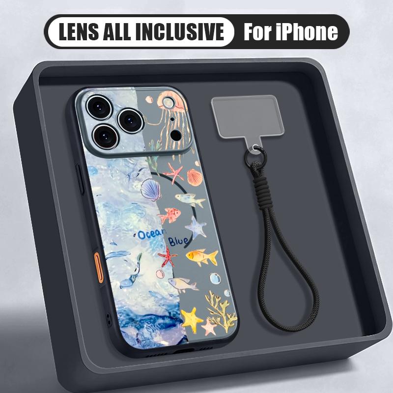 Чехол-накладка с принтом акул и морских рыб с ремешком на руку для iPhone 17 Pro Max iPhone 16 15 14 13 Pro Max Магнитный для Magsafe Гибридный ТПУ+ПК Матовый чехол